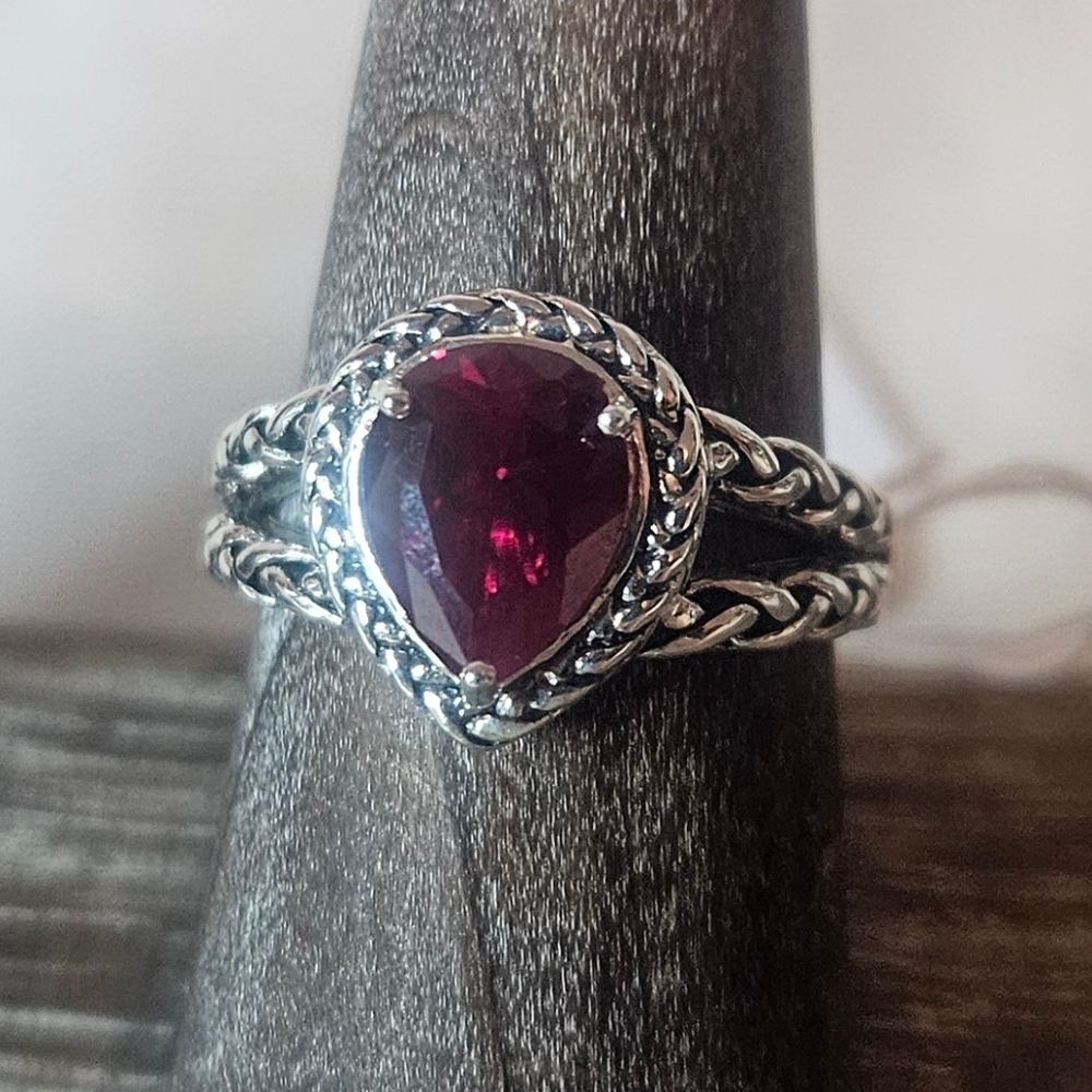 Red Pear Cut Cubic Zirconia Rope Braided Band Solid Sterling Silver Sz 7 NWT